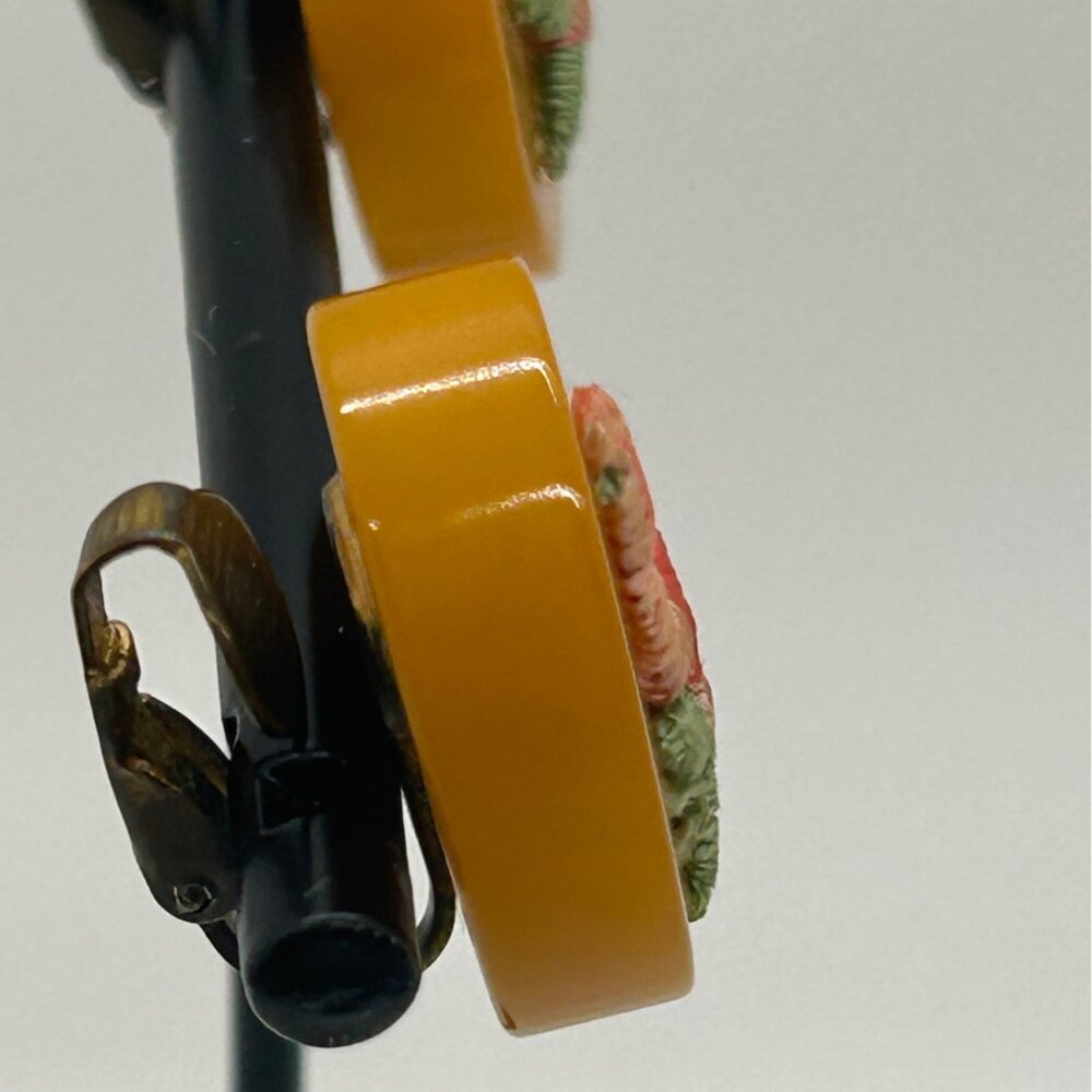 Bakelite Clip-On Earrings  Butterscotch Pink & Green Embroidered Floral Vintage - Picture 13 of 15